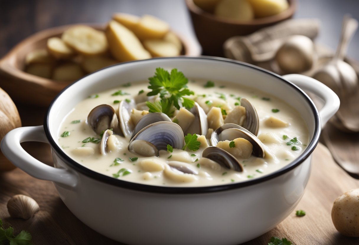A pot of simmering clam chowder with fresh clams, potatoes, and celery. A chef adds cream and seasoning, stirring with a wooden spoon