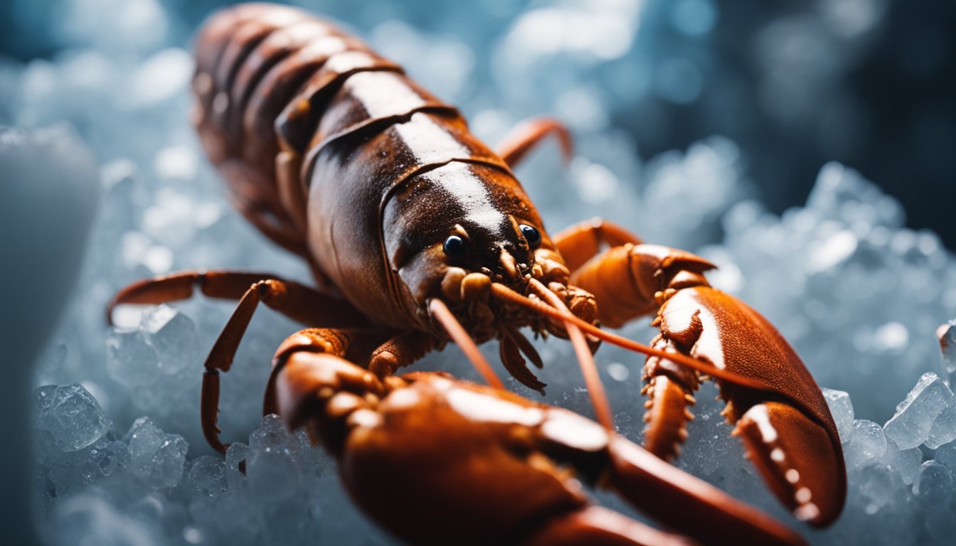 A cooked lobster sits in a fridge, surrounded by icy condensation. It slowly thaws, its shell glistening with moisture