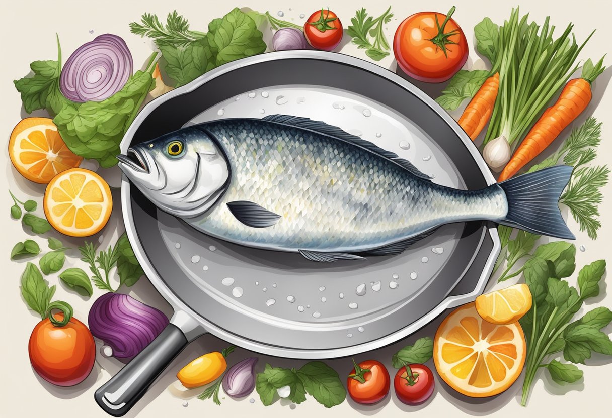 Fresh fish sizzling in a hot skillet with a light coating of oil, surrounded by colorful vegetables and herbs for flavor