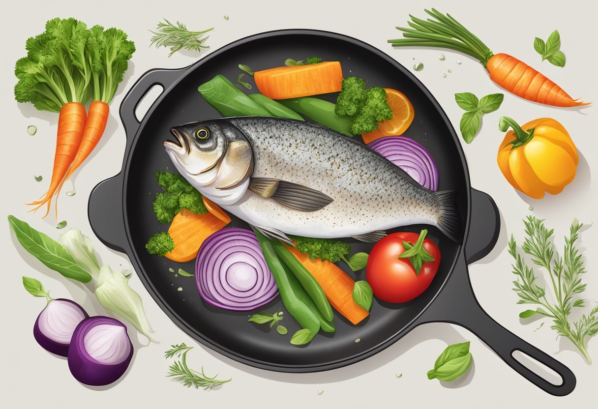 A sizzling fish fillet in a hot pan, surrounded by colorful vegetables and aromatic herbs