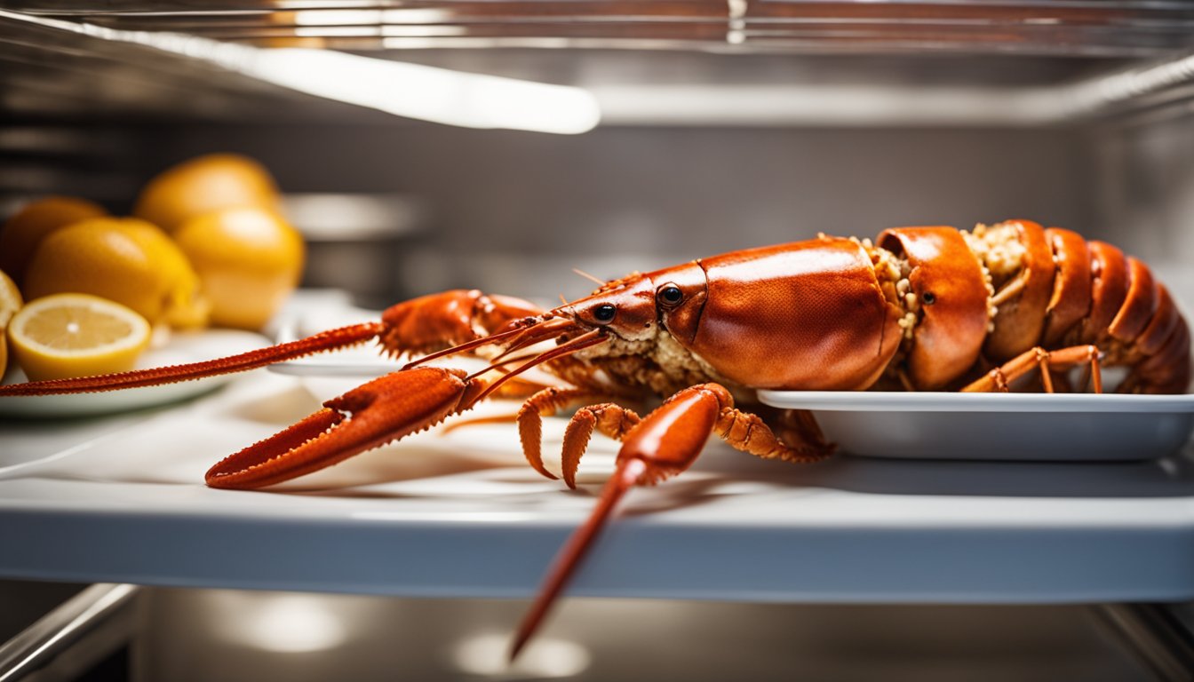 A cooked lobster sits on a plate in the fridge, covered with plastic wrap