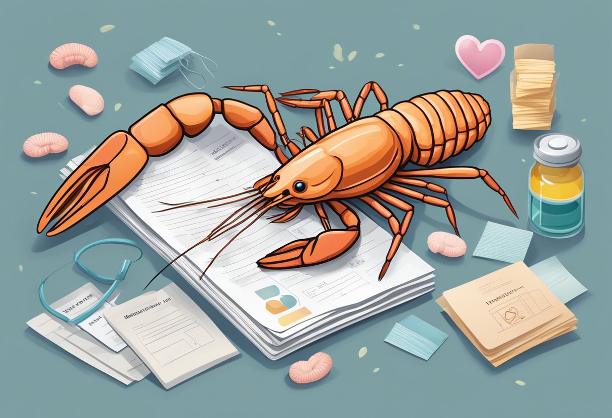 A prawn with a high cholesterol label, surrounded by heart health pamphlets and a worried doctor's note
