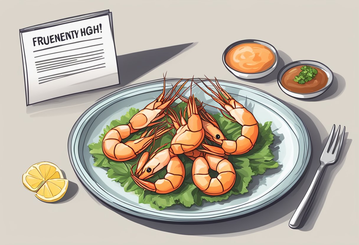 A plate of prawns with a bold "Frequently Asked Questions" sign, highlighting the question "Is prawn high in cholesterol?" in a clear, easy-to-read font