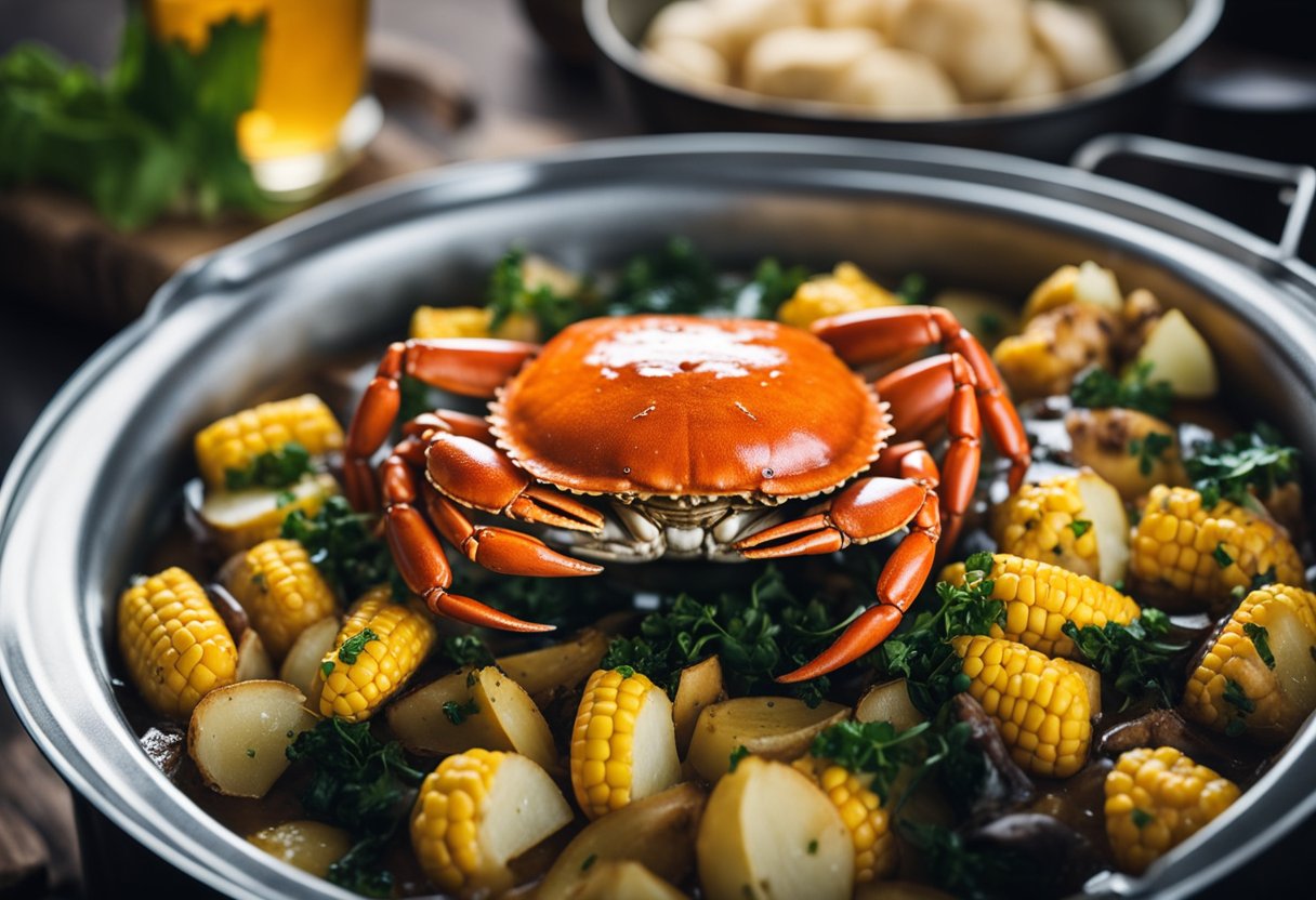 A pot of boiling water with crab, corn, and potatoes simmering. A timer set for 10 minutes