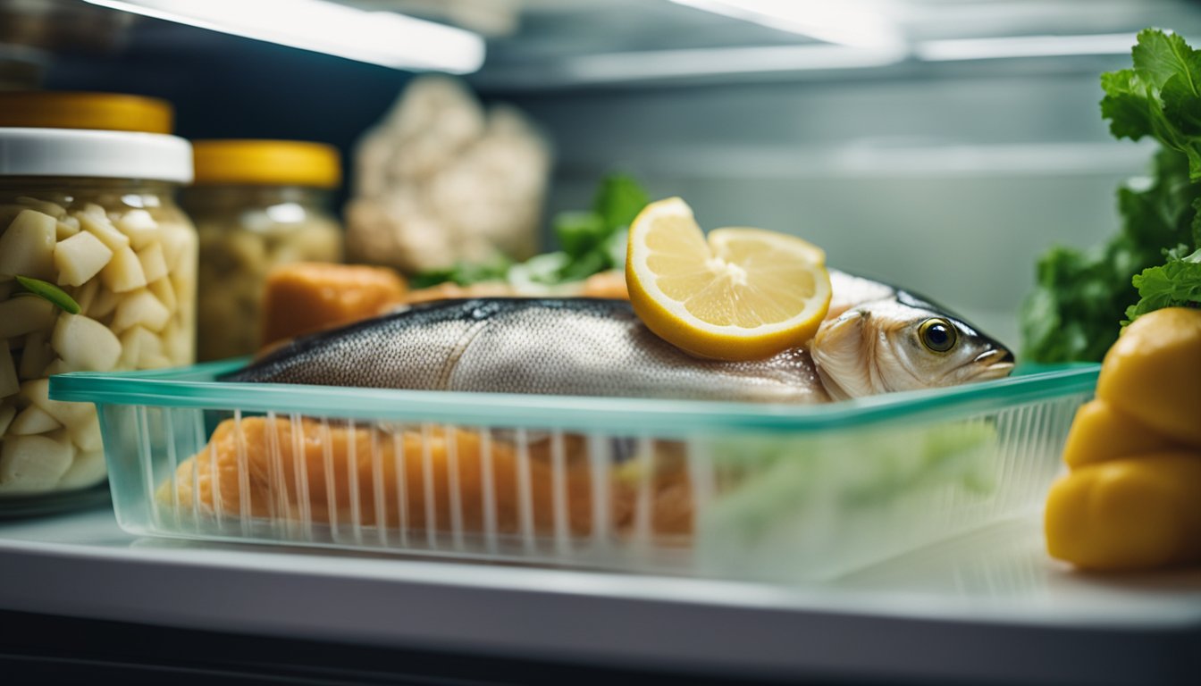 A container of marinated fish sits in the fridge, surrounded by other food items. The fish is submerged in a flavorful liquid and covered with a lid