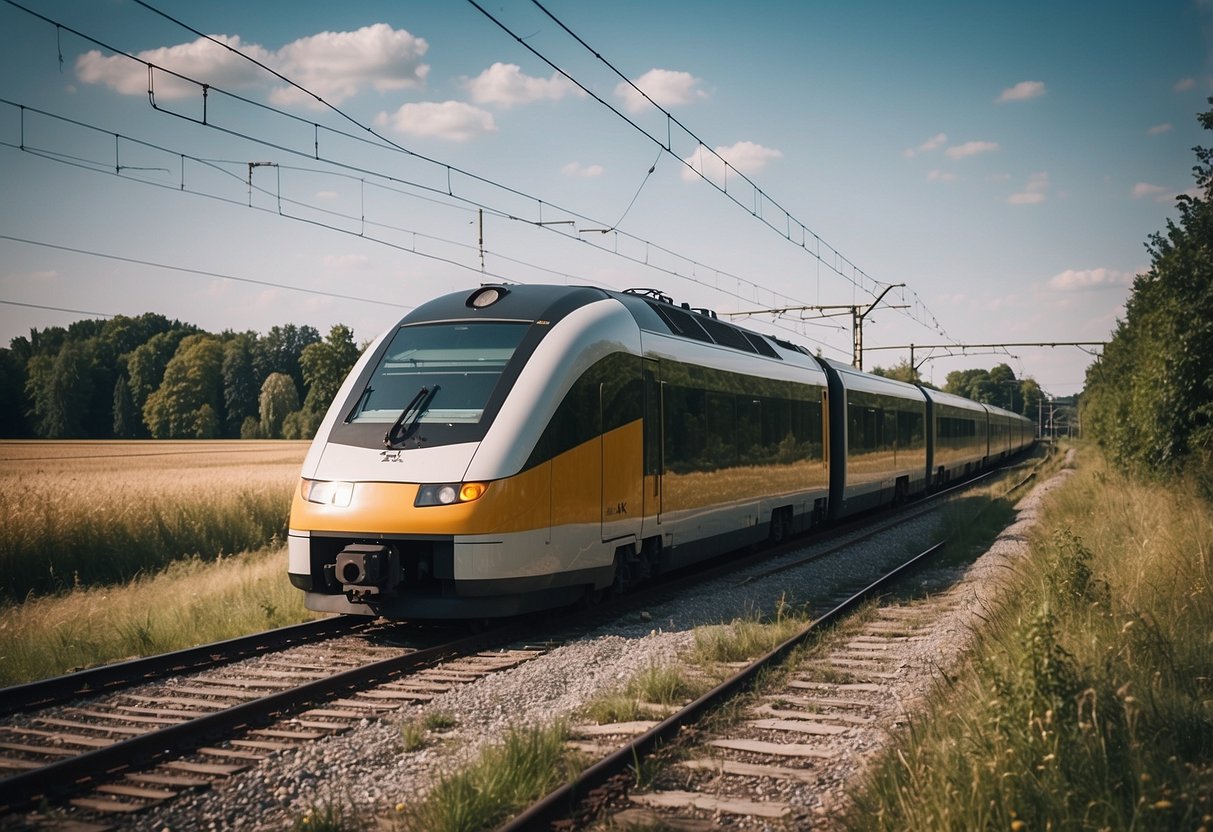 A train departing Berlin for Warsaw, passing through scenic countryside and urban landscapes