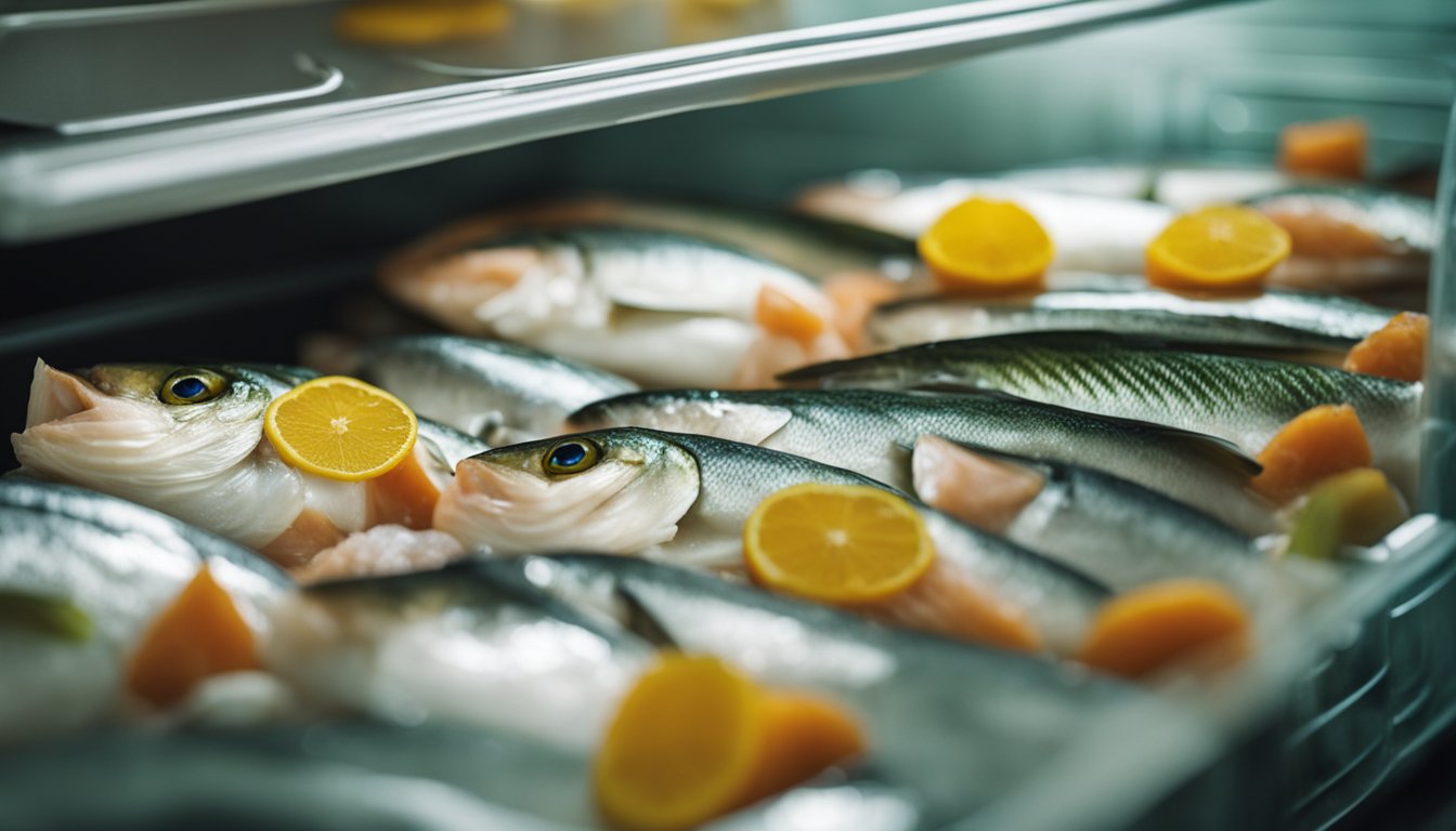 A container of marinated fish sits in a refrigerator, labeled with the date of preparation