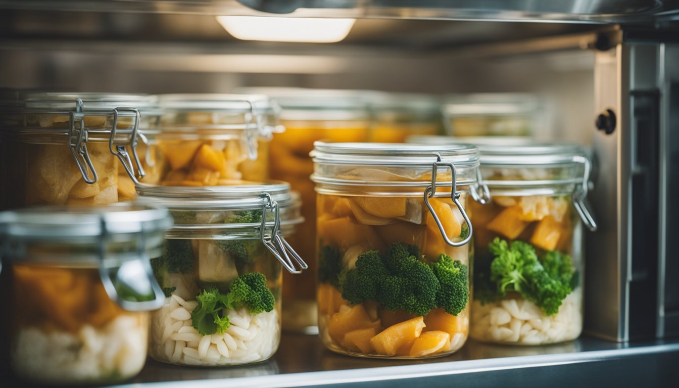 A glass container with marinated fish sits in the fridge. The fish is covered in a flavorful marinade, ready to be enjoyed