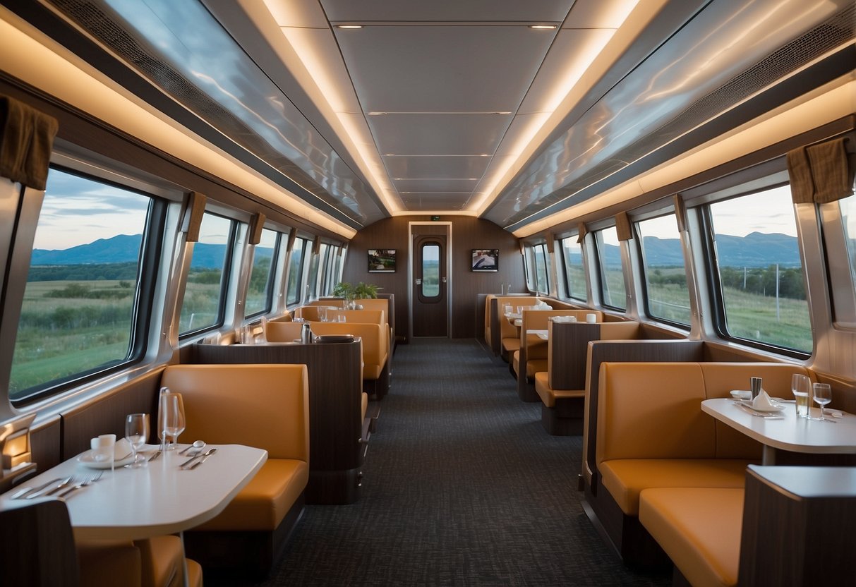 Passengers relax in spacious, modern cabins. Panoramic windows offer stunning views of the picturesque countryside. A sleek dining car serves gourmet meals