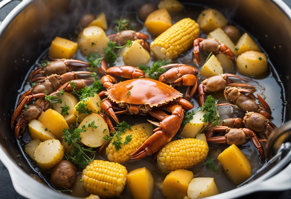 A large pot bubbles with seasoned water, filled with whole crabs, corn, potatoes, and sausage. Steam rises as the crab boil simmers on the stove