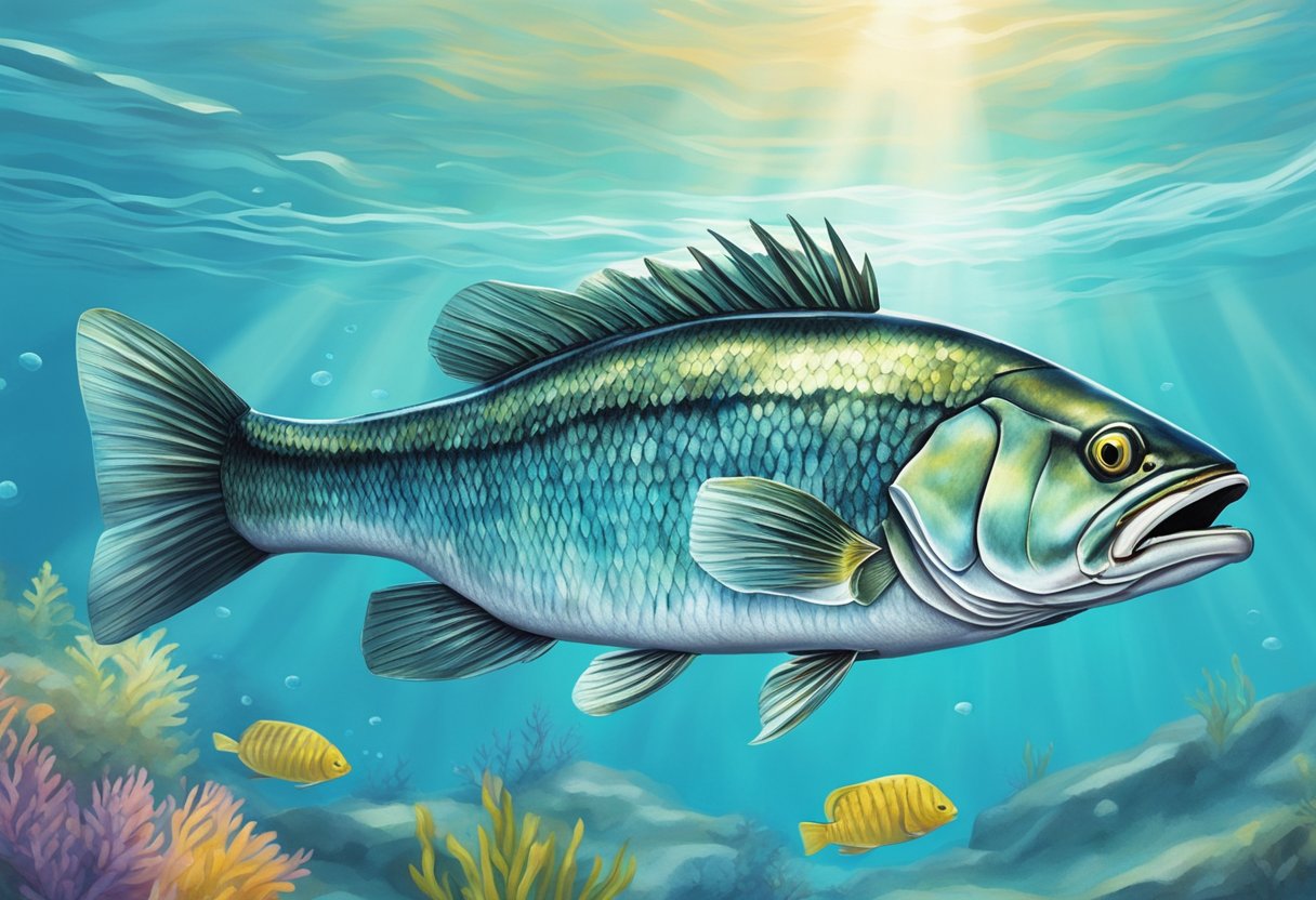 A sea bass swims gracefully through clear, turquoise waters, its sleek body shimmering in the sunlight. The strong, distinct taste of the sea bass is evident as it glides effortlessly through the ocean