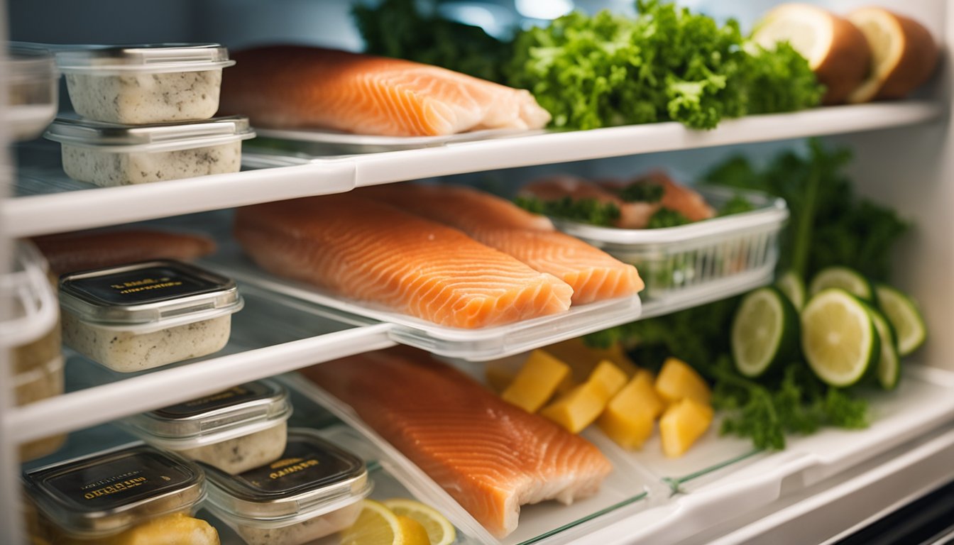 A container of marinated fish sits in the fridge, labeled "Frequently Asked Questions: How long can I keep marinated fish in the fridge?"