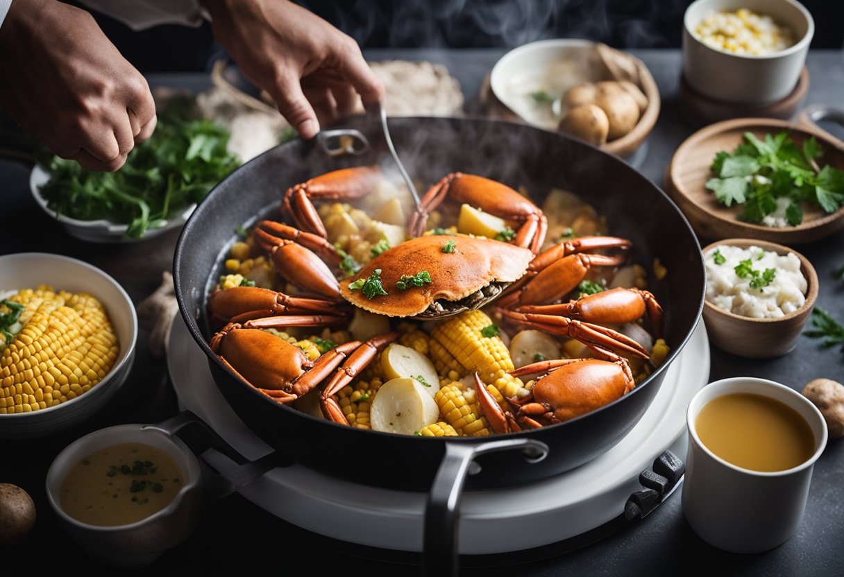 A pot of boiling water with crab, corn, and potatoes cooking. A chef's hand reaching for a serving platter