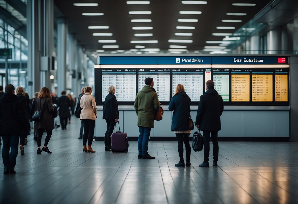 Passengers checking train schedules at Berlin station for journey to Warsaw. Ticket machines and information boards visible