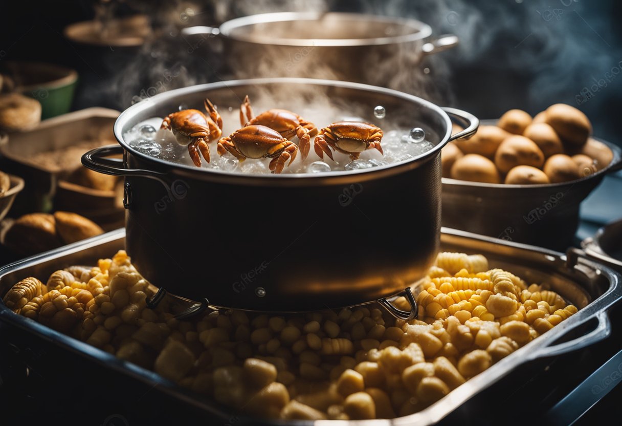 A pot of boiling water with crabs, corn, and potatoes cooking inside. Steam rising, bubbles popping, and a timer set nearby