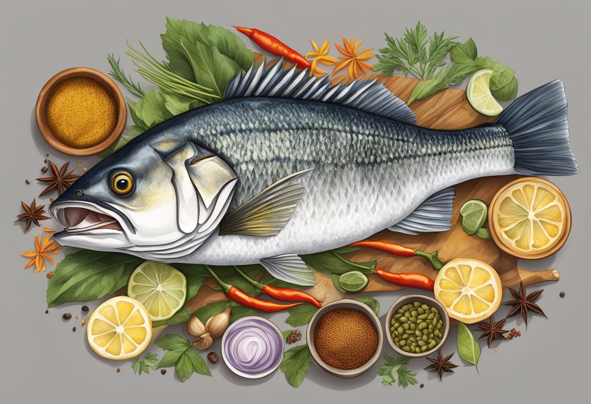A sea bass swimming in a diverse array of cultural dishes, surrounded by vibrant spices, herbs, and cooking utensils