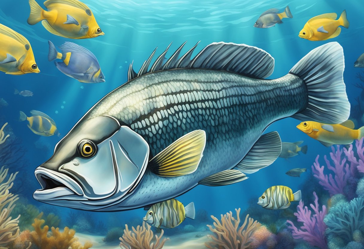 A sea bass swimming gracefully in the clear blue ocean, surrounded by other marine life