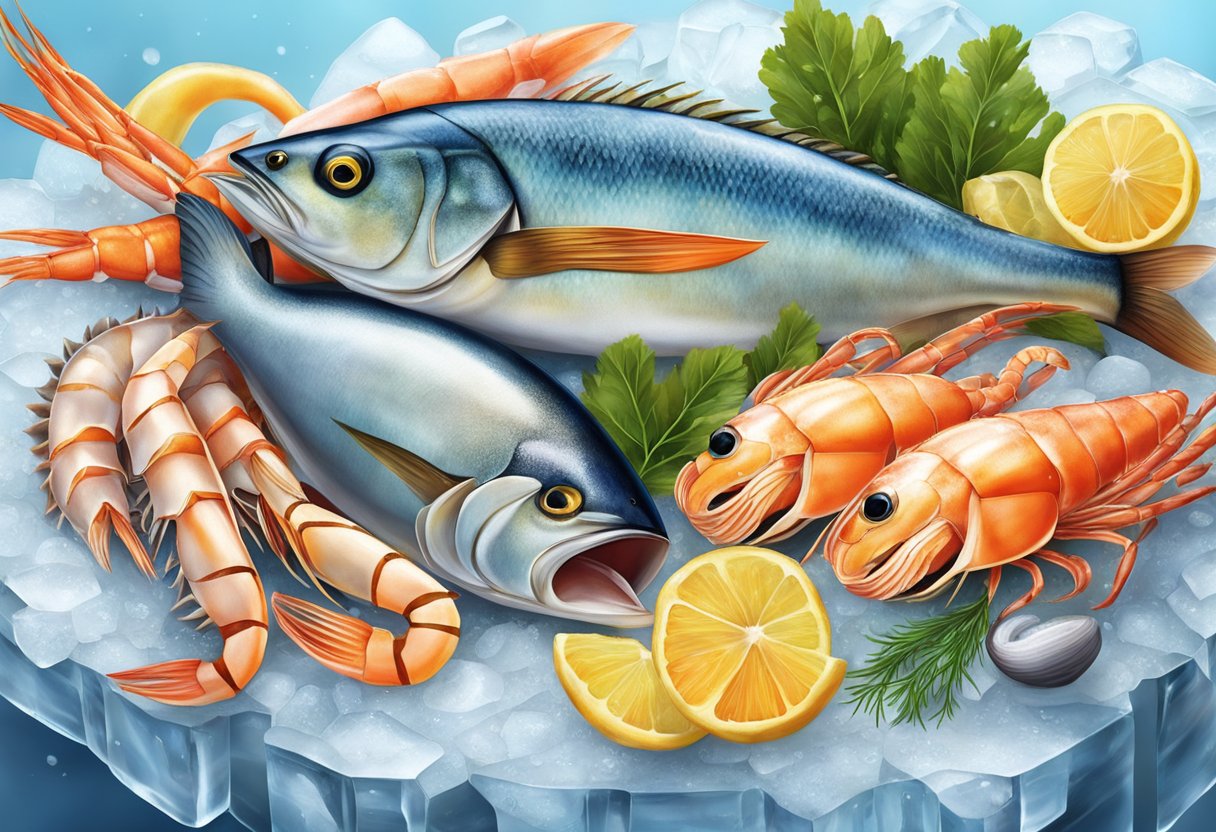 A variety of seafood, including fish, shrimp, and shellfish, is displayed on a bed of ice. The vibrant colors and textures of the seafood create an appetizing scene