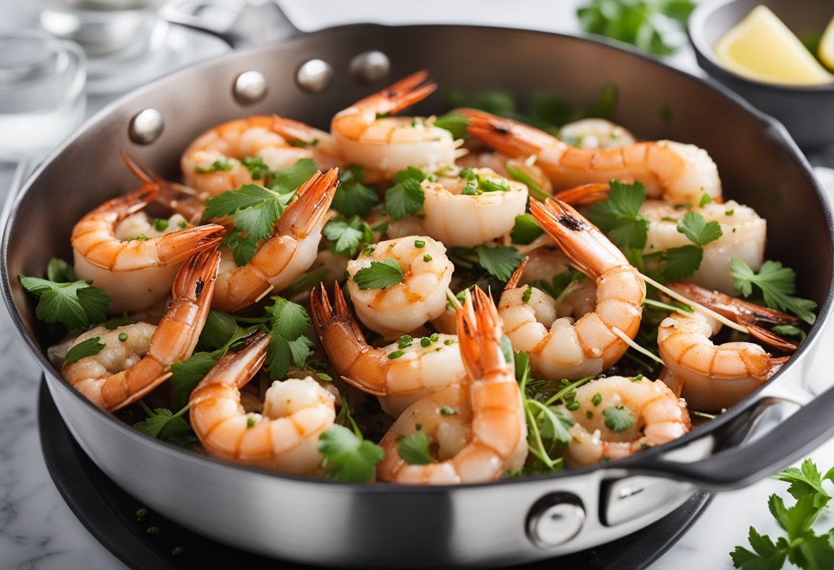 Sizzling prawns in a pan with garlic, butter, and herbs, steam rising, ready to be served on a white plate