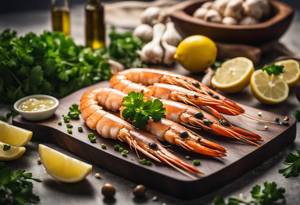 Fresh prawns, garlic cloves, olive oil, and parsley laid out on a clean kitchen counter. A cutting board with a lemon and a sharp knife nearby
