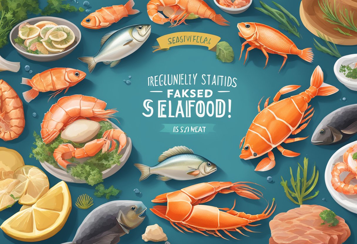 A sign reads "Frequently Asked Questions: Is seafood meat?" with a picture of various seafood items like fish, shrimp, and crab