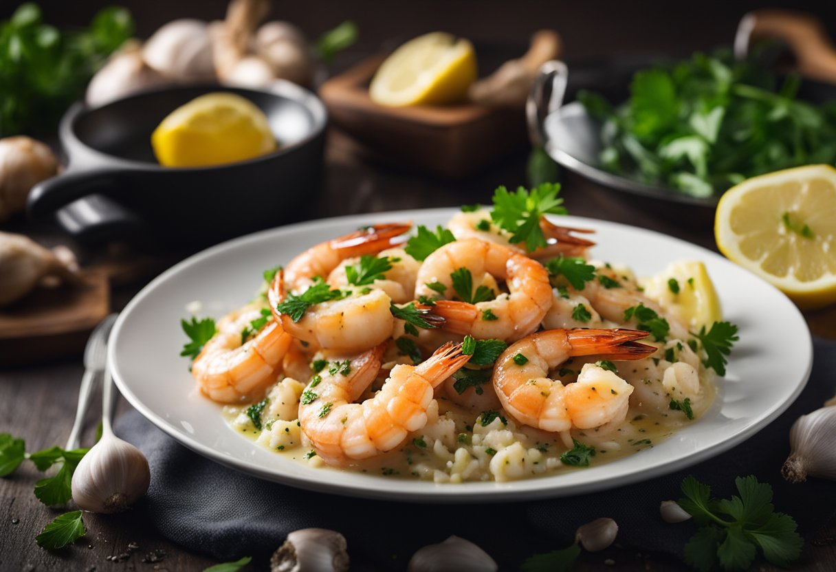 Italian garlic prawns sizzle in a pan. A chef serves them on a white plate, garnished with parsley and lemon wedges. A glass of white wine sits beside the dish