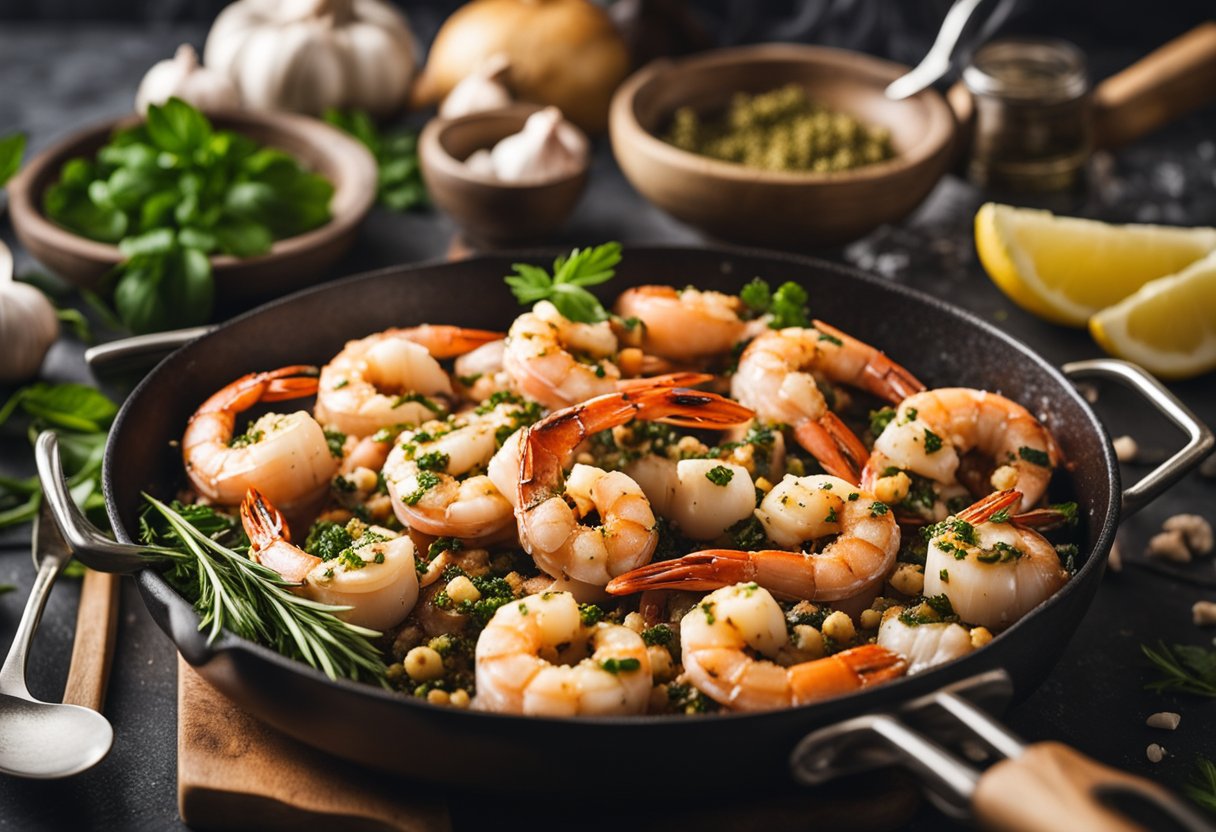 A sizzling pan of garlic prawns with Italian herbs and spices, surrounded by fresh ingredients and cooking utensils