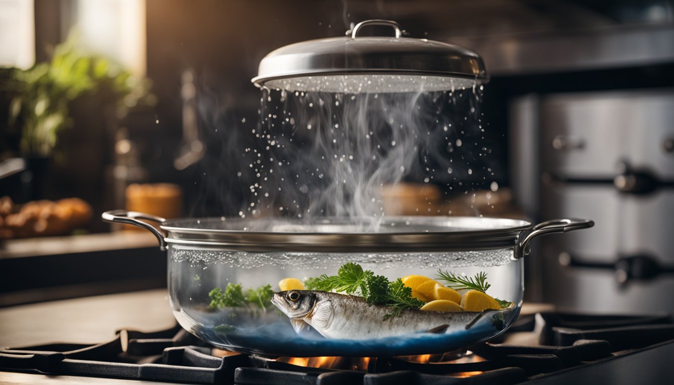 A pot of water steams on the stove. A whole fish hovers above the water, covered by a lid
