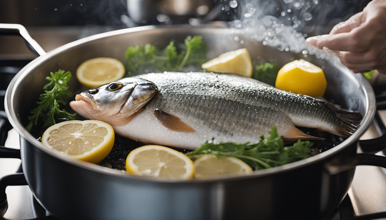 Fresh fish being cleaned, scaled, and seasoned. A pot of water boiling on the stove. A steaming basket ready to receive the fish