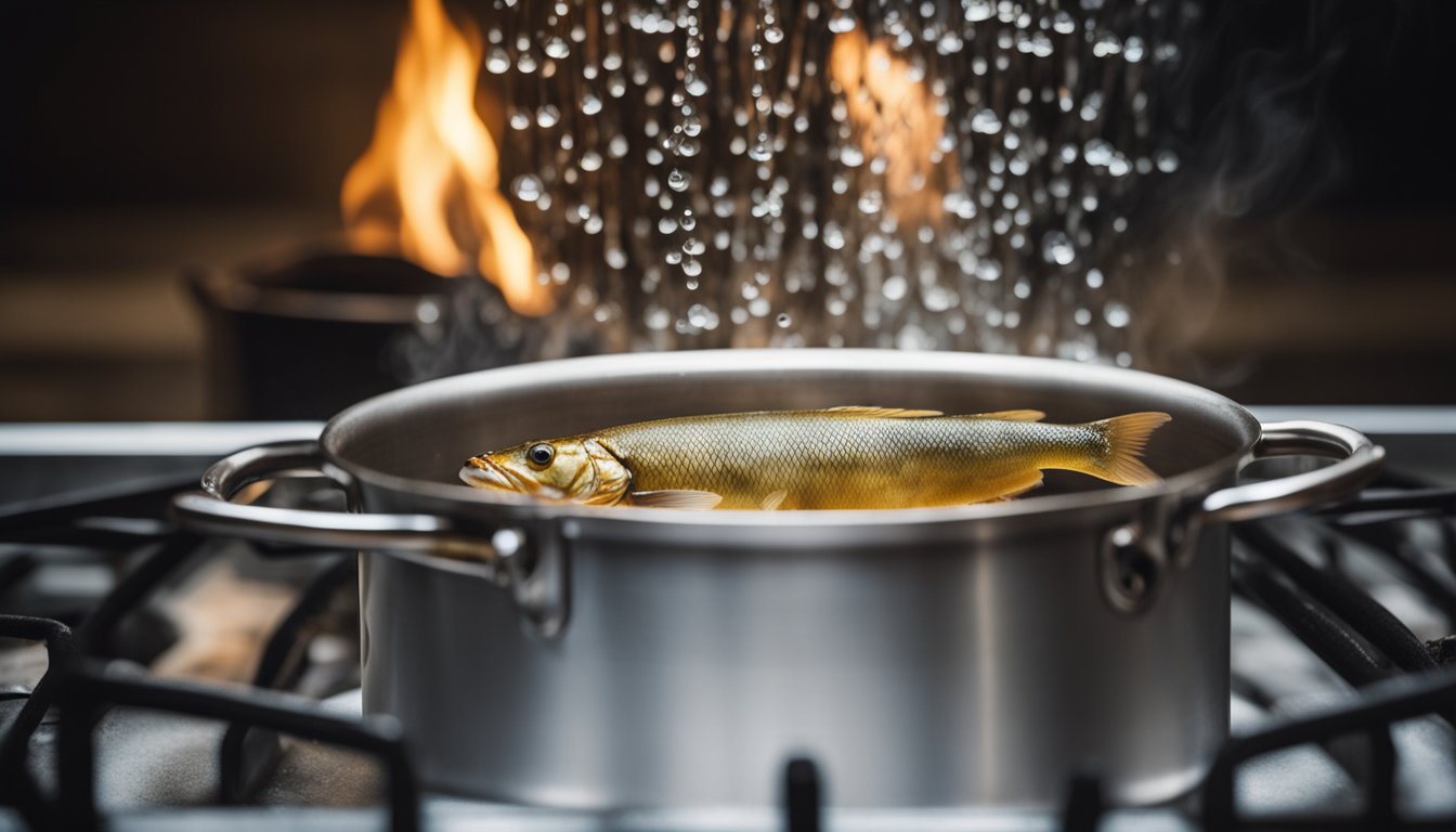 A pot of water boils on a stove. A piece of fish sits on a steaming rack above the water, surrounded by rising steam