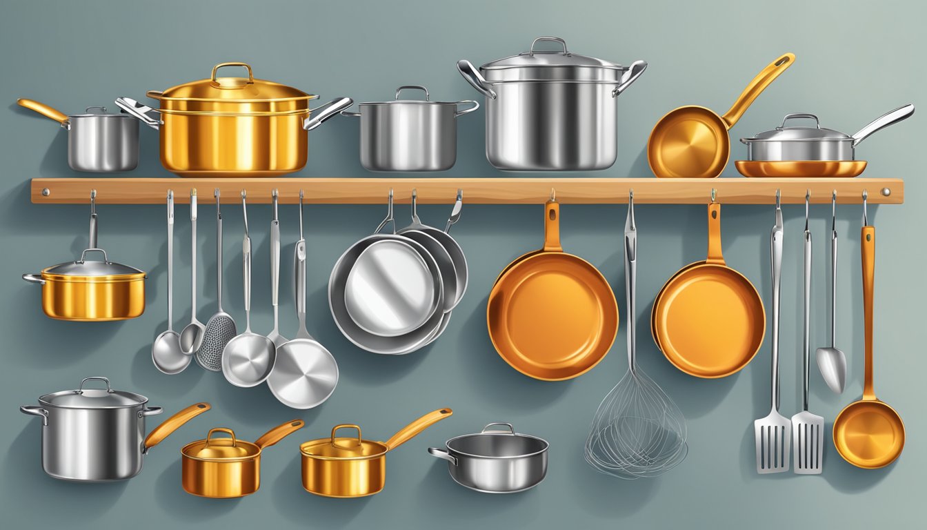 A collection of shiny cookwares hanging on a wall rack, with pots, pans, and utensils neatly organized and ready for use