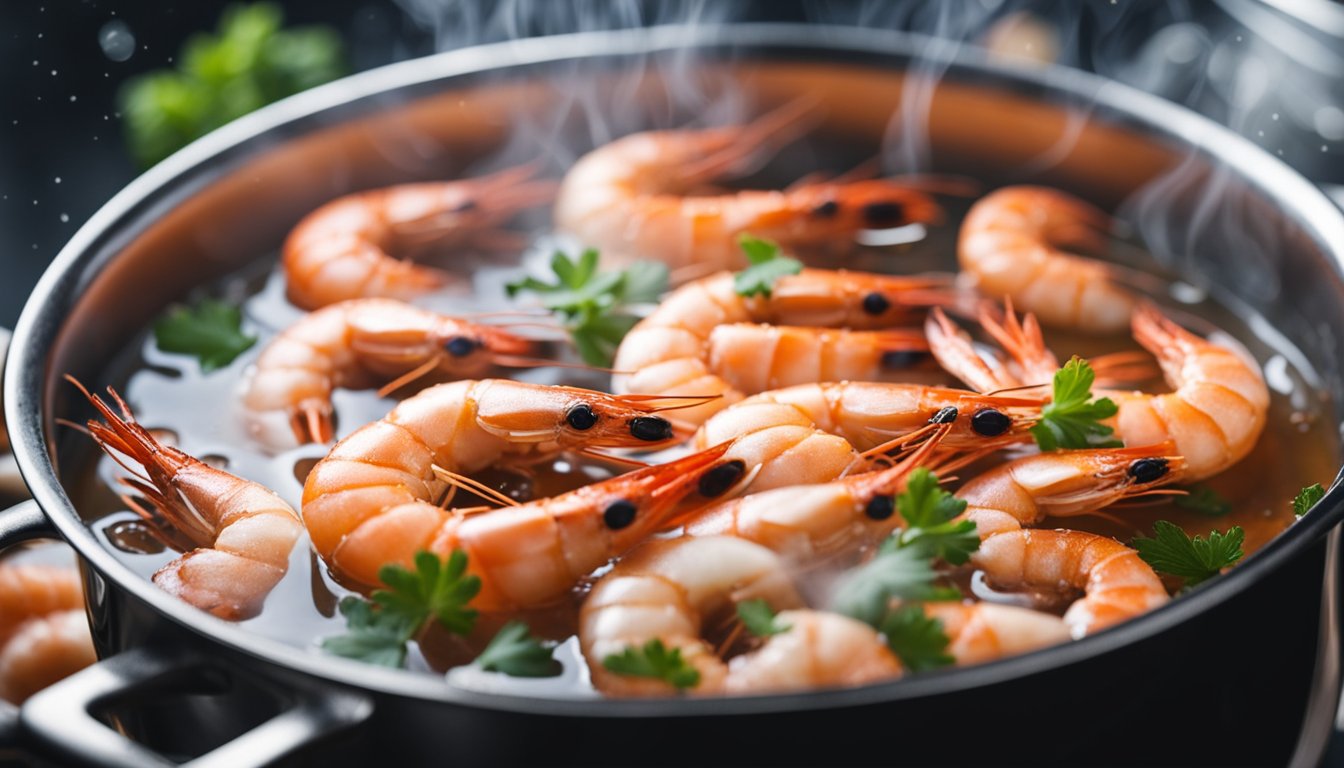 Prawns steaming in a pot of boiling water. Timer set for 3 minutes. Steam rising from the pot