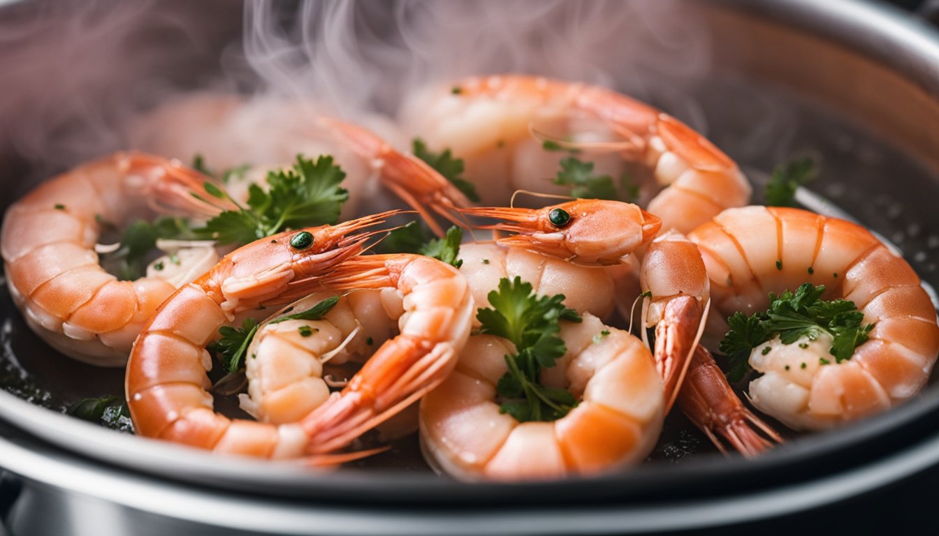 Prawns are being steamed in a pot, with steam rising from the boiling water. The prawns are turning pink as they cook