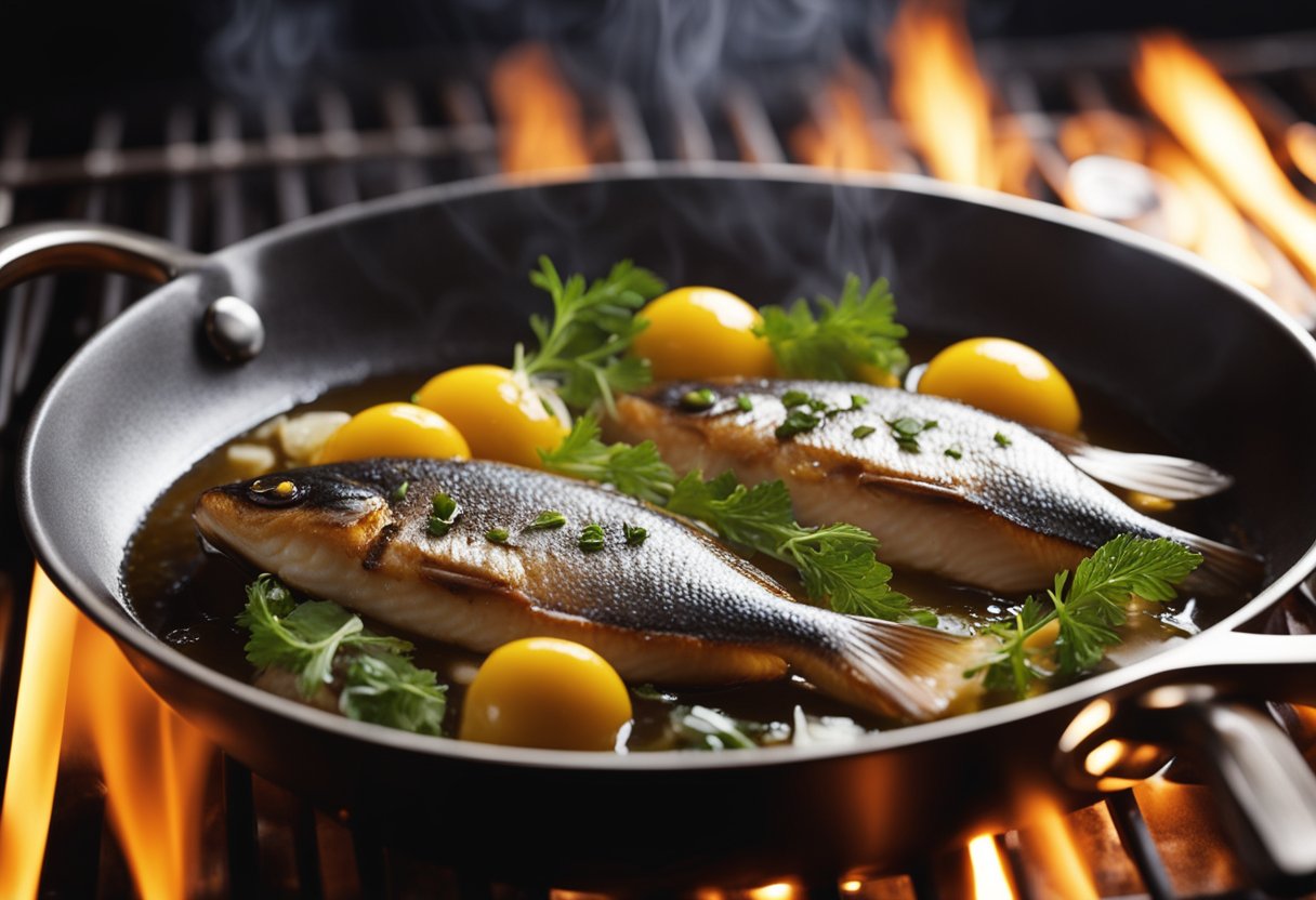 Fish sizzling in hot oil in a frying pan, steam rising, golden brown and crispy on the outside