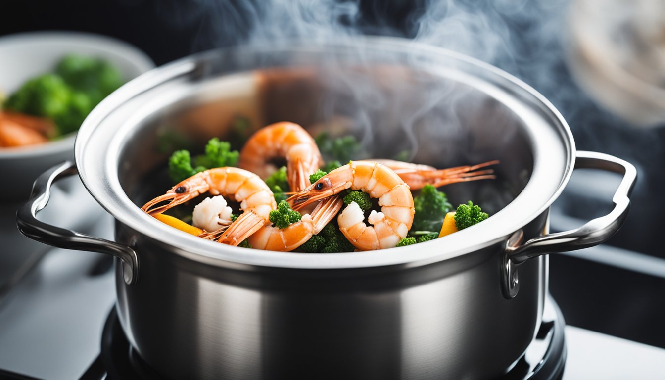 Prawns steaming in a pot of boiling water, steam rising, timer set