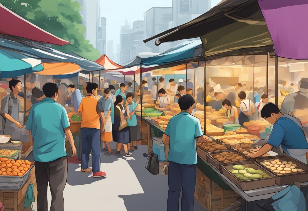 A bustling street market in Jalan Besar, with vendors skillfully crafting and frying oyster cakes amidst a backdrop of colorful stalls and eager customers