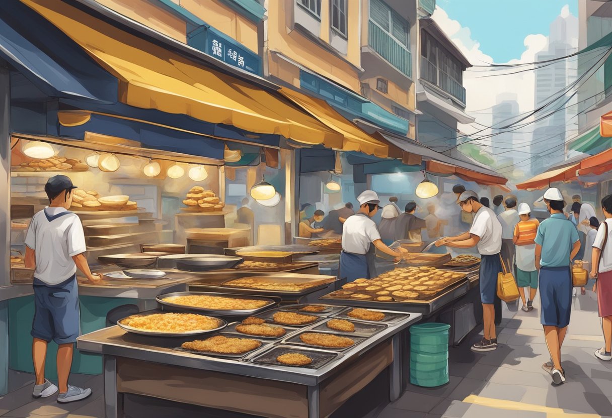 The bustling street of Jalan Besar is filled with the aroma of sizzling oyster cakes, as vendors expertly flip the golden brown delicacies on their hot griddles
