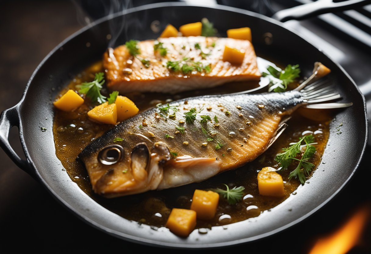 Fish sizzling in hot oil in a skillet, golden brown and crispy. Oil bubbles around the fish as it cooks, emitting a savory aroma