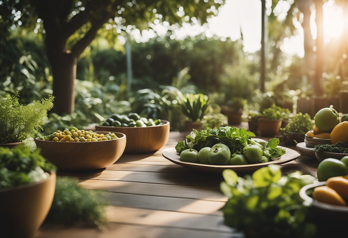 A serene garden with a variety of fresh fruits, vegetables, and herbs, alongside a peaceful yoga space and a calming meditation area