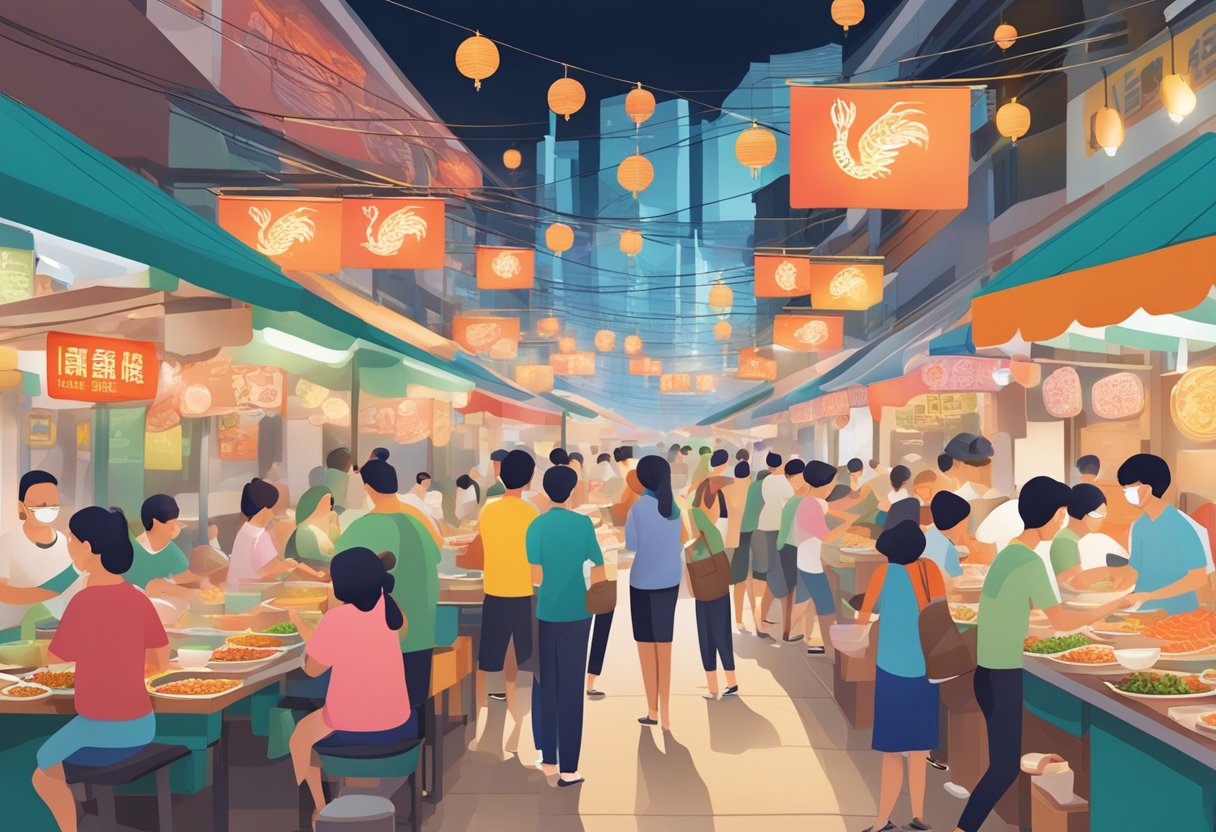 A bustling hawker center with steaming bowls of prawn noodles, surrounded by colorful signage and bustling activity