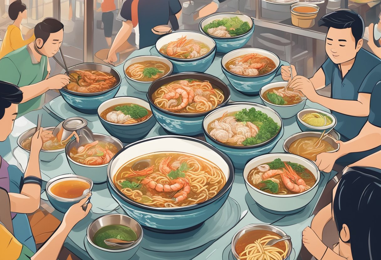 Customers savoring steaming bowls of Jalan Kayu Prawn Noodle at a bustling hawker center, surrounded by the aroma of sizzling prawns and savory broth