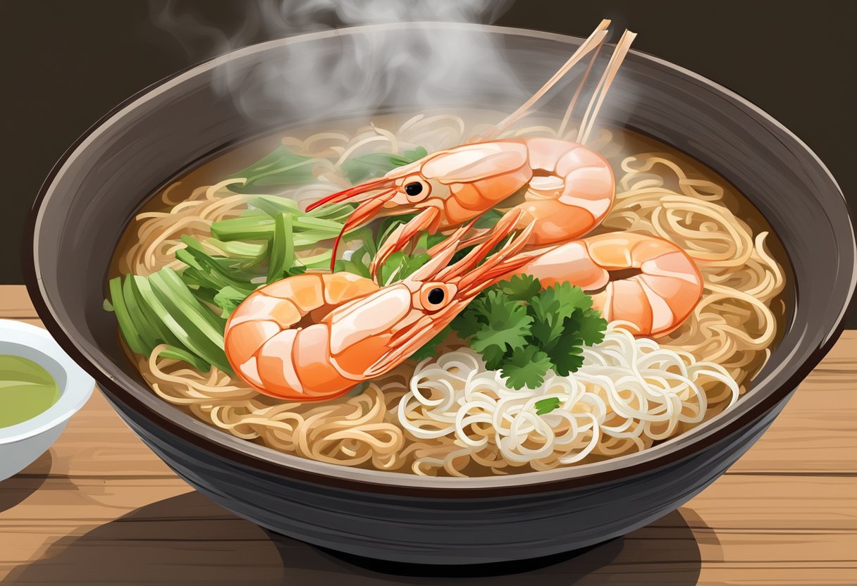 A steaming bowl of jalan besar prawn noodles, garnished with fresh prawns, spring onions, and chili, sits on a rustic wooden table. Steam rises from the fragrant broth, as the noodles soak up the flavors