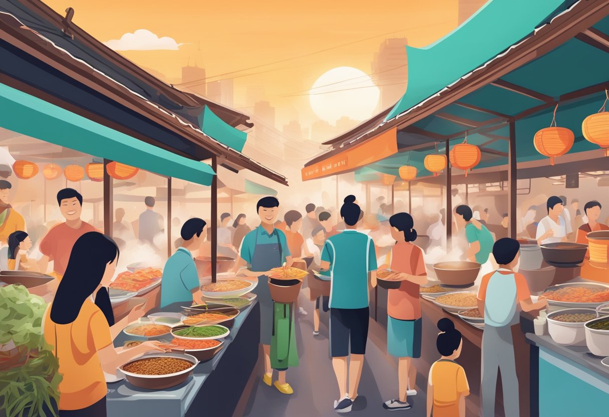 A bustling hawker center with colorful signs and steaming bowls of prawn noodles. Customers line up at the popular stall, while the aroma of spices fills the air