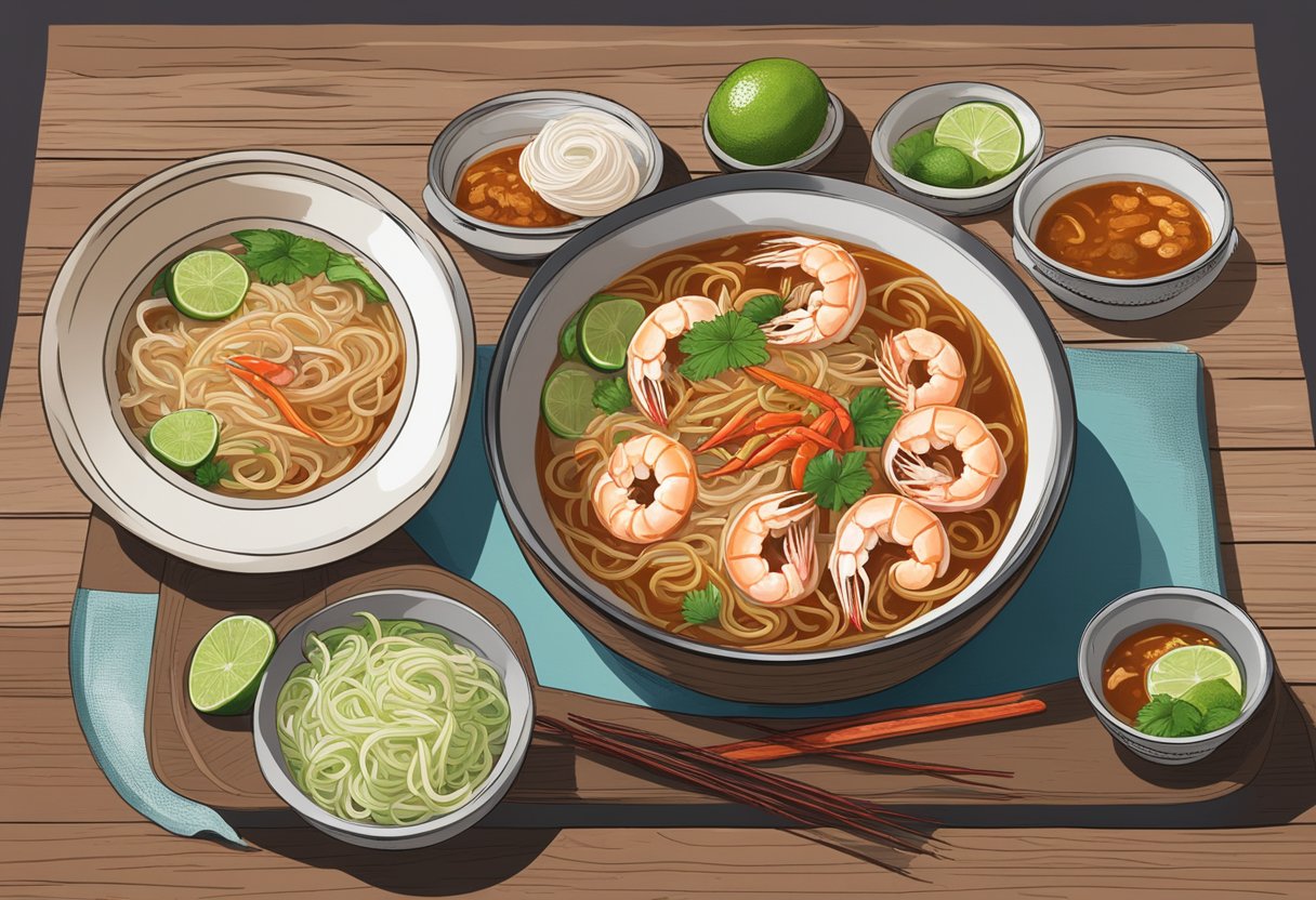 A steaming bowl of prawn noodle soup sits on a rustic wooden table with a side of chili paste and lime wedges. A sign reading "Frequently Asked Questions jalan kayu prawn noodle" hangs above the table