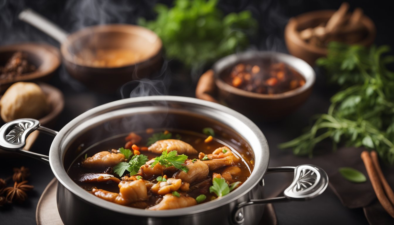 A pot simmers with tamarind, chili, and fish. Steam rises as the flavors meld. A chef adds herbs and spices, creating a fragrant dish