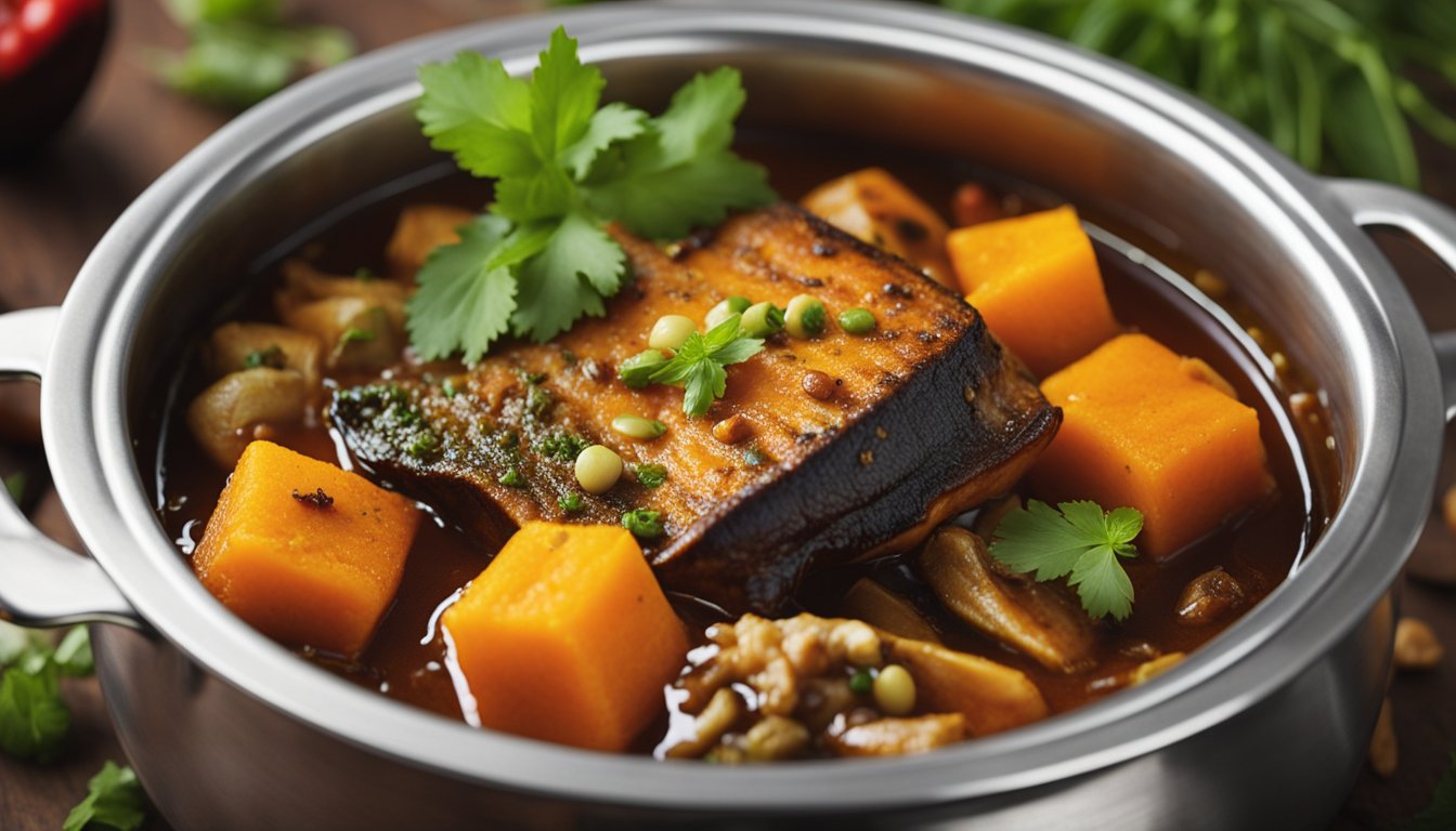 A pot simmering with spicy asam fish, surrounded by herbs and spices, emitting a tantalizing aroma