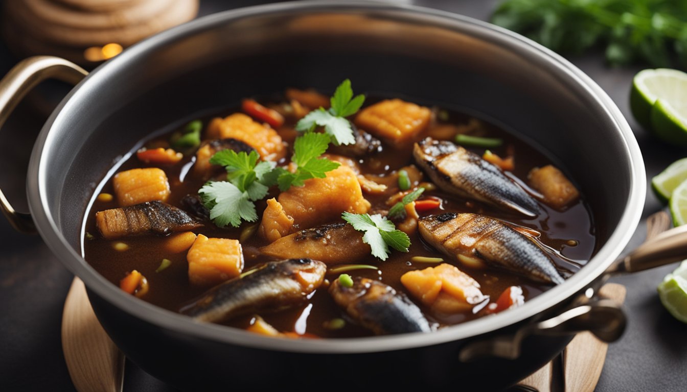 A pot simmers with tamarind, chili, and fish. A chef adds spices and stirs, creating a flavorful asam fish dish