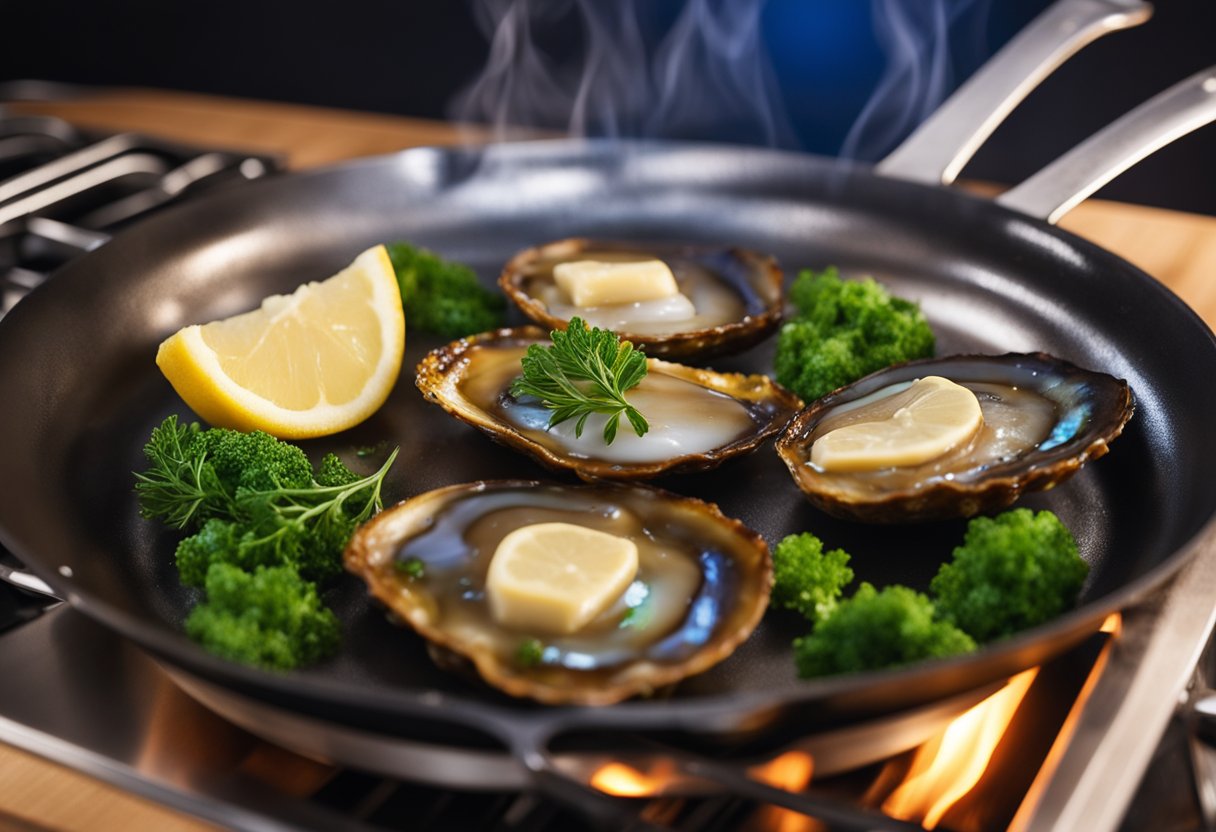 Searing abalone in a hot pan with butter, garlic, and herbs. Flip once golden brown. Serve with a squeeze of lemon