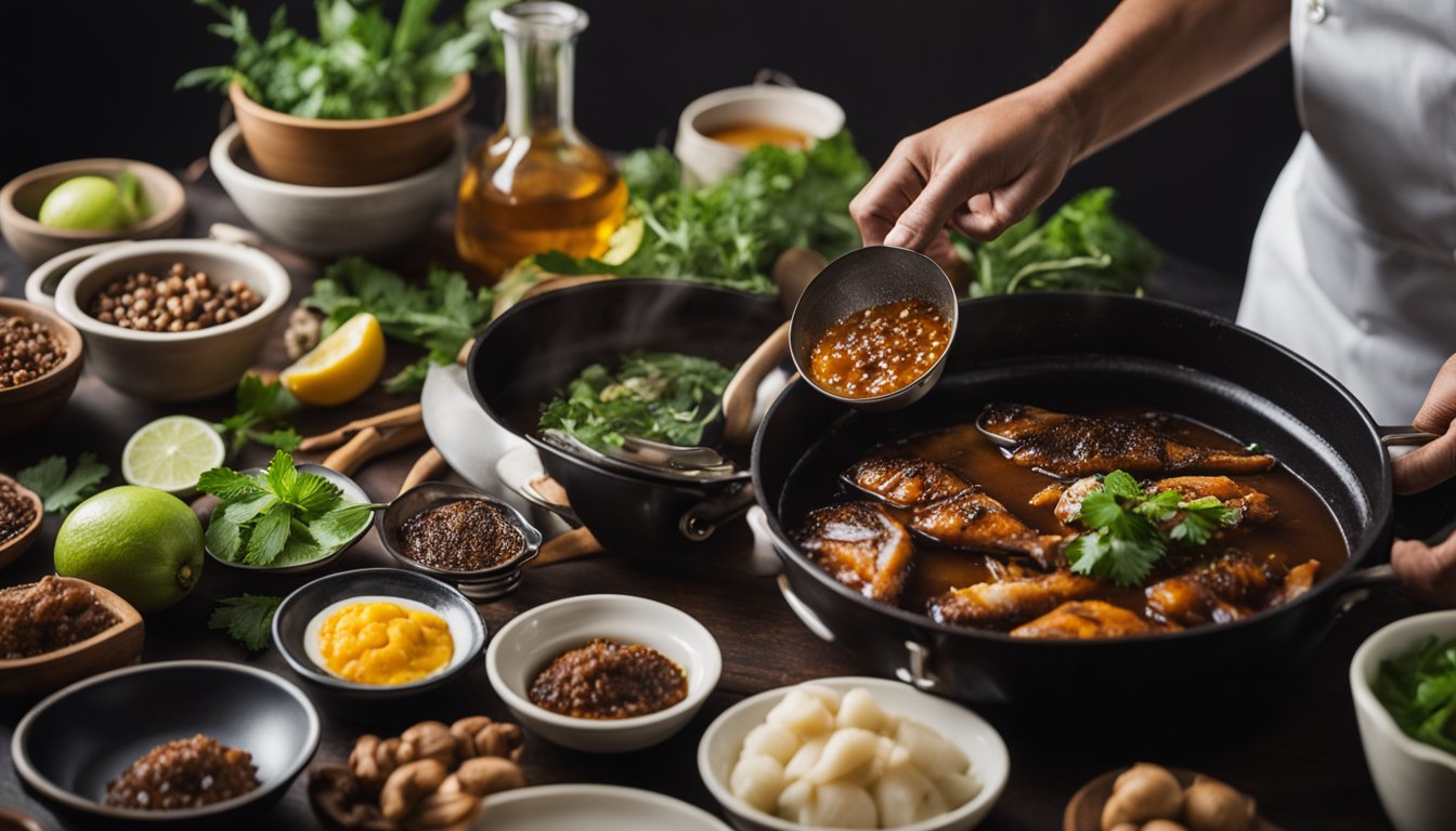 A chef adding tamarind paste to a pot of simmering fish, surrounded by various cooking utensils and ingredients