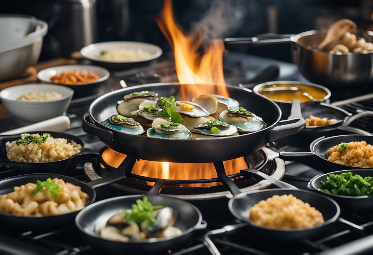 A chef grilling abalone on a hot stove, surrounded by various cooking utensils and ingredients